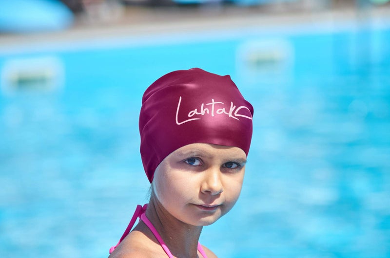 Lahtak Kids Swim Cap for Long Hair - Comfortable Fit Silicone Swimming Hat for Girls & Boys with Curly Hair, Braids, or Dreadlocks - Durable & Easy to Wear (Windsor Wine M) - Image 4